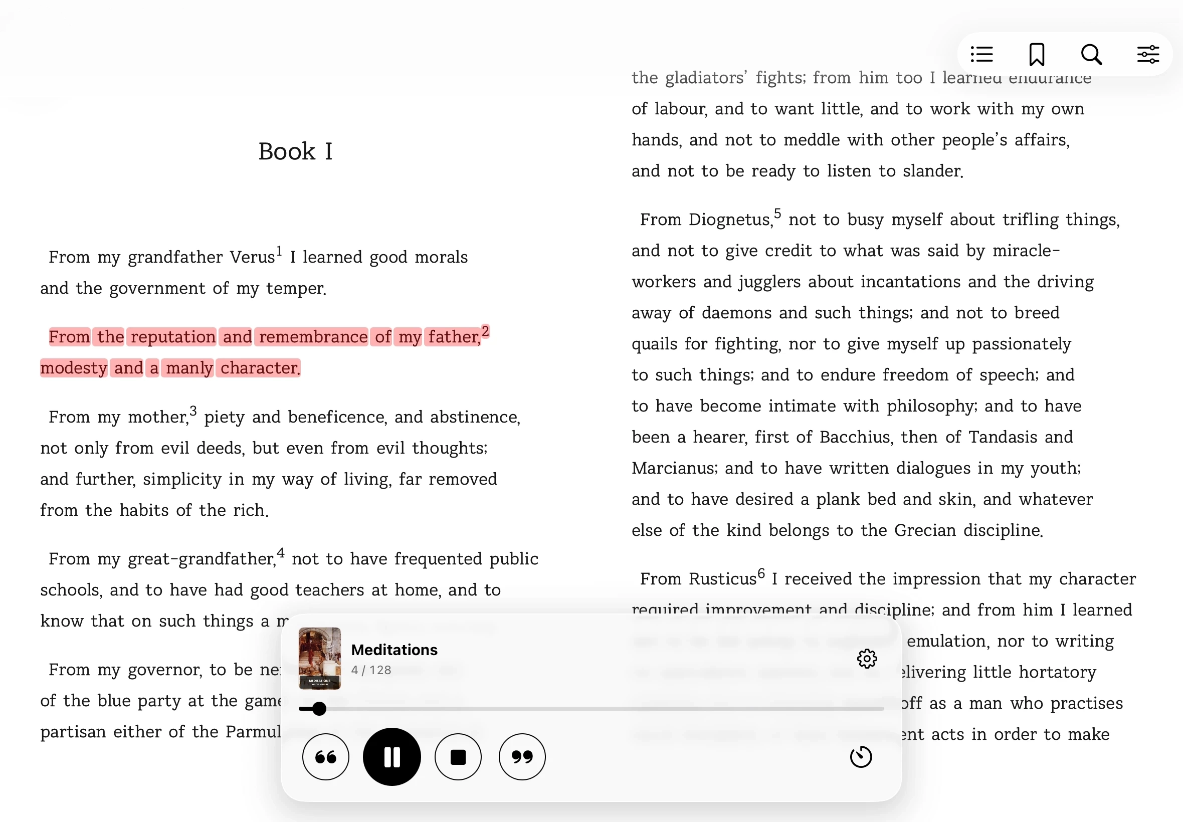 iPad에서 열린 LiBook 읽기 화면 — 두 컬럼 레이아웃, 하이라이트, TTS 플레이어